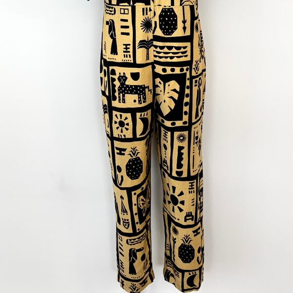 FARM Rio Linen Button-Down Jumpsuit Short Balloon Sleeve Beige/Black S - Picture 11 of 13